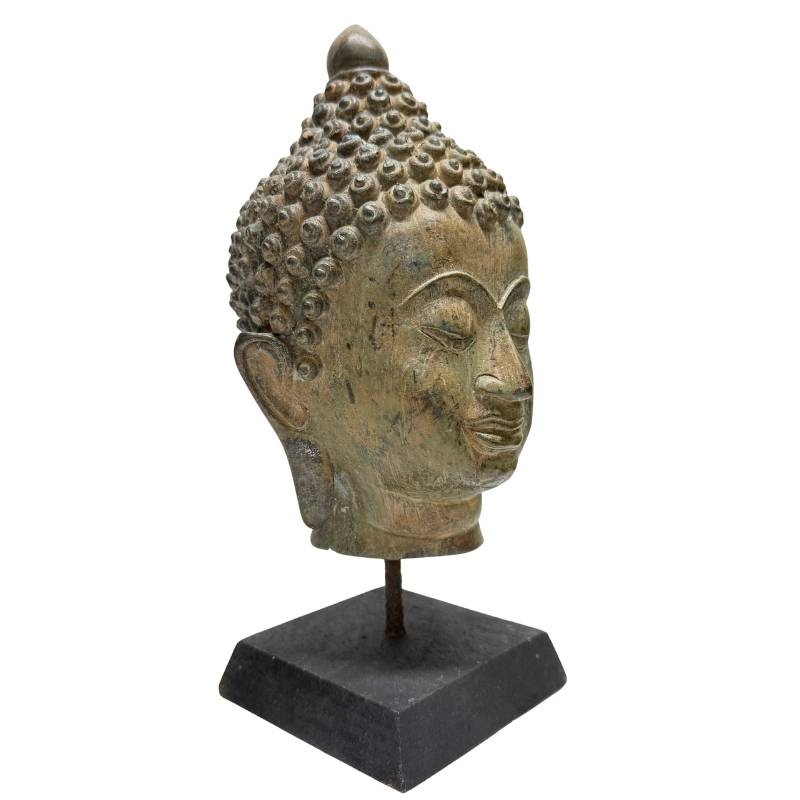 Bronze Buddha head with finely detailed spiral curls