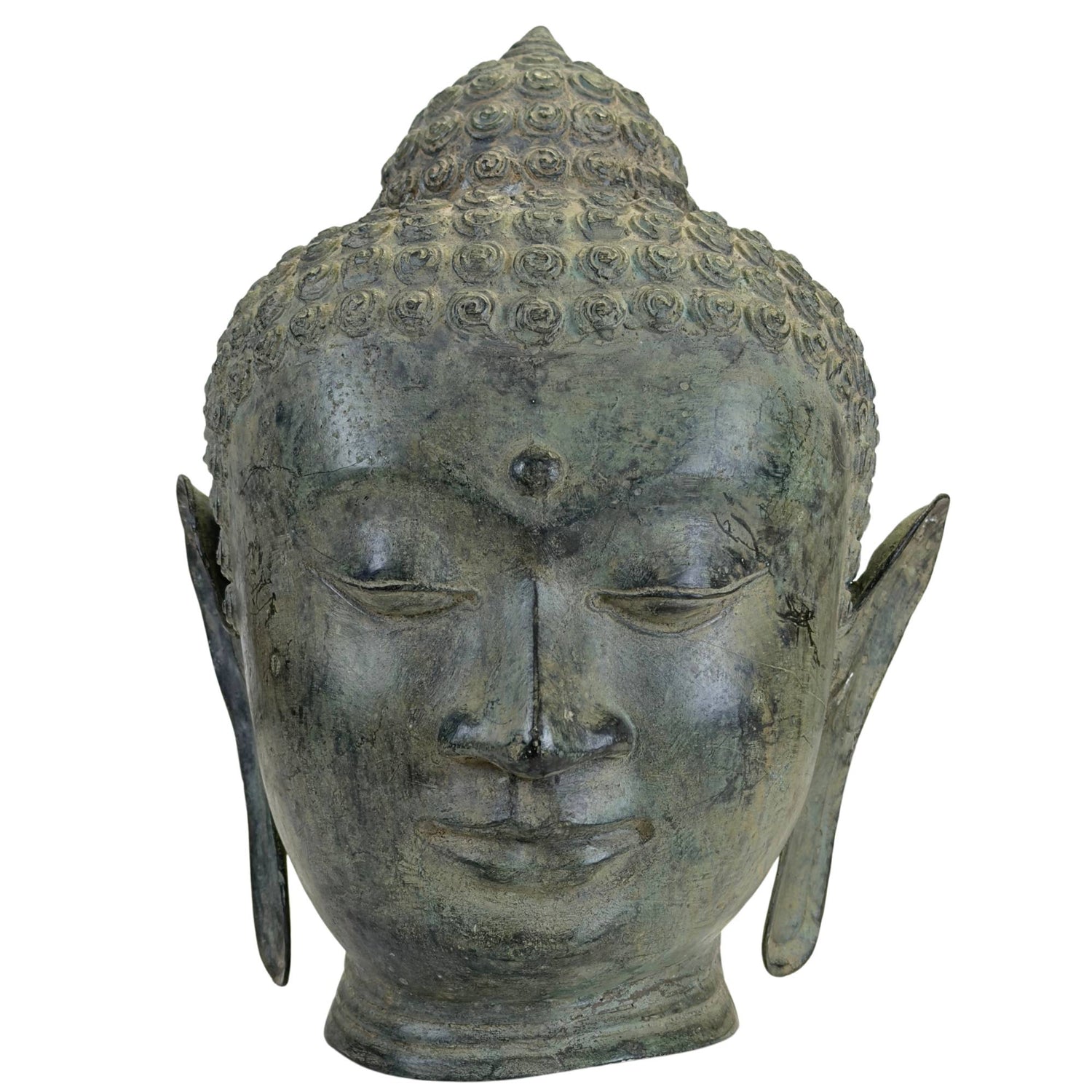 Bronzen Boeddha hoofd in Thaise U Thong stijl met groene verdigris patina