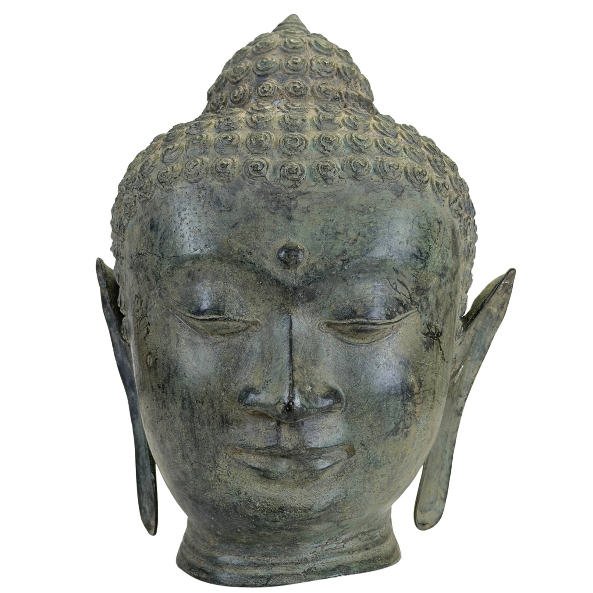 Bronze Buddha head in Thai U Thong style with green verdigris patina