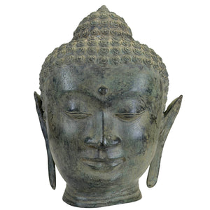 Tête de Bouddha en bronze patiné de style U Thong – Art thaïlandais 27 cm