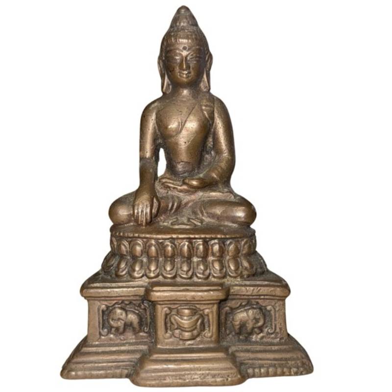 Bronze Buddha statue with narrative throne base and lotus decoration