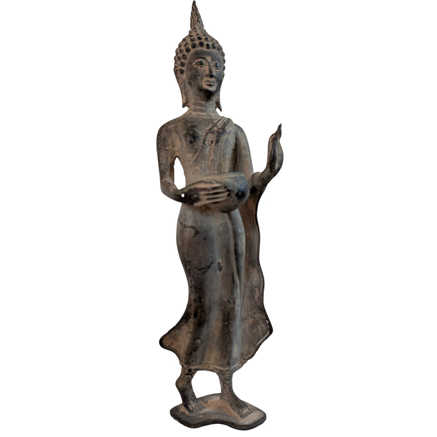 Thai bronze Buddha in Pang Um Bat posture with the left hand in Abhaya mudra.