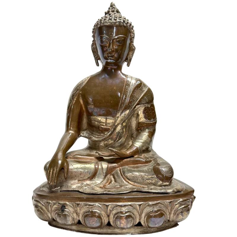bronze Buddha statue bhumisparsha mudra engraved robe patina