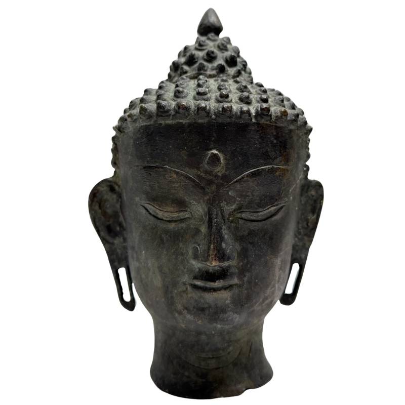 bronze Buddha head Himalaya antique patina serene expression