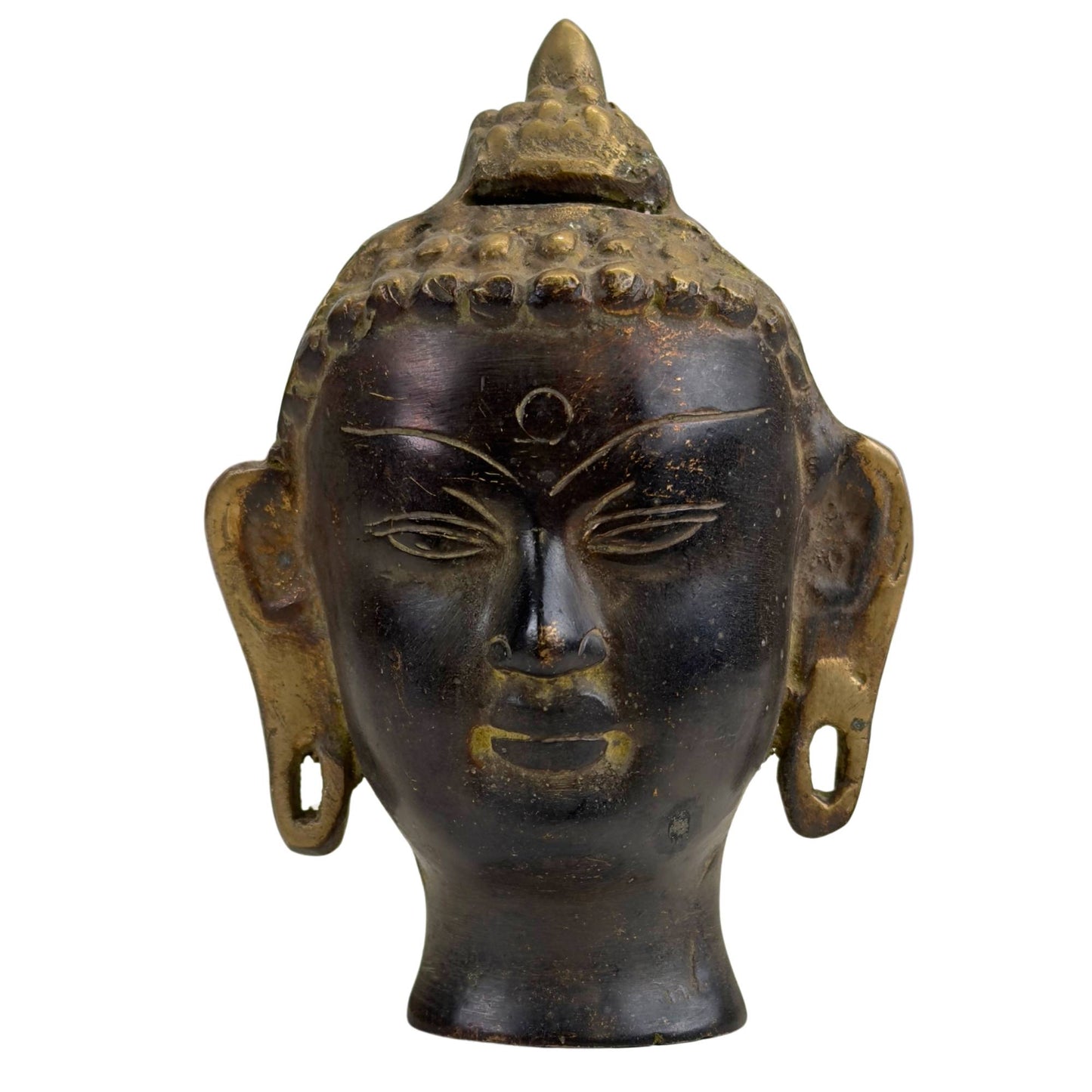 Bronze Buddha head with high ushnisha and dark patina
