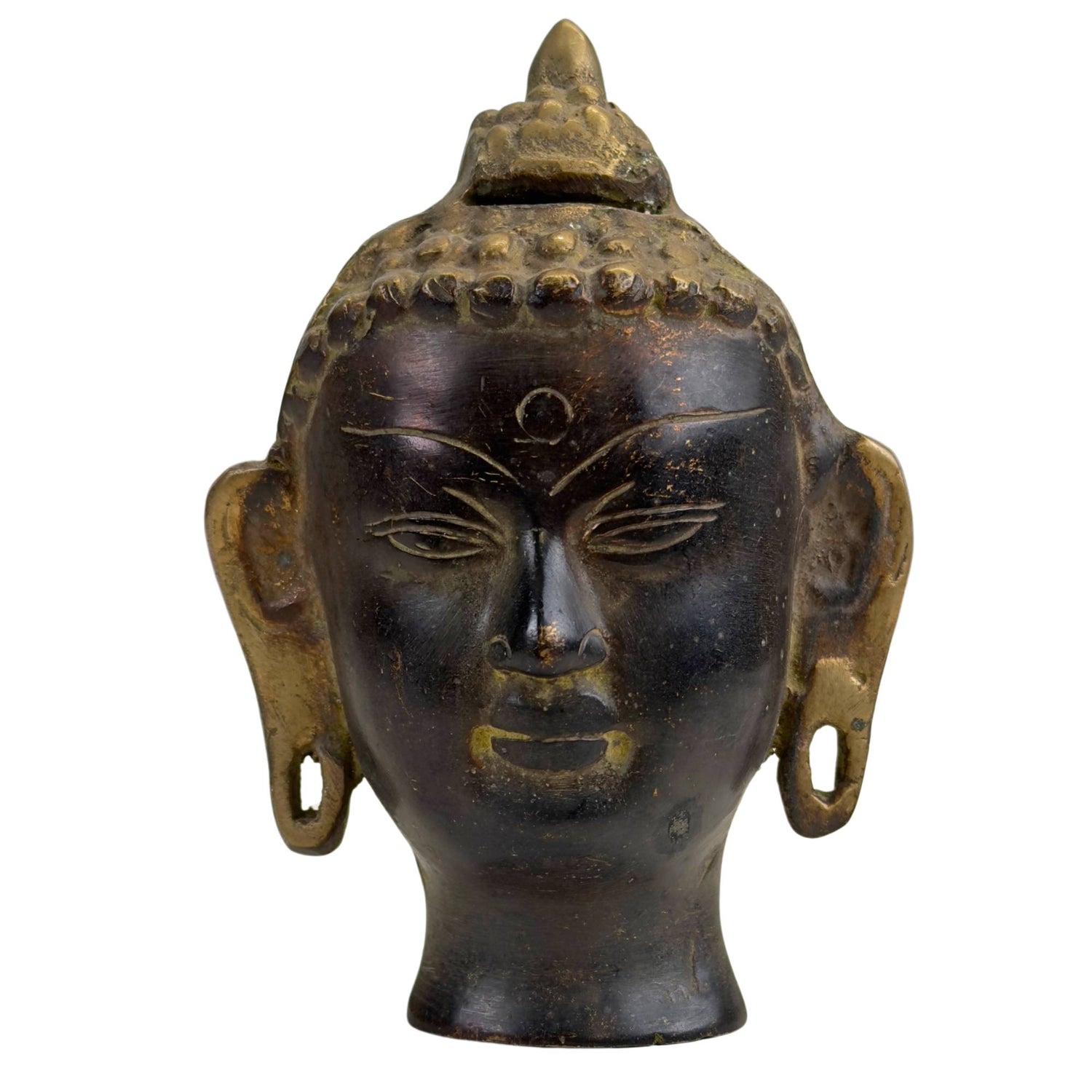 Bronzen Boeddhahoofd met hoge ushnisha en donkere patina