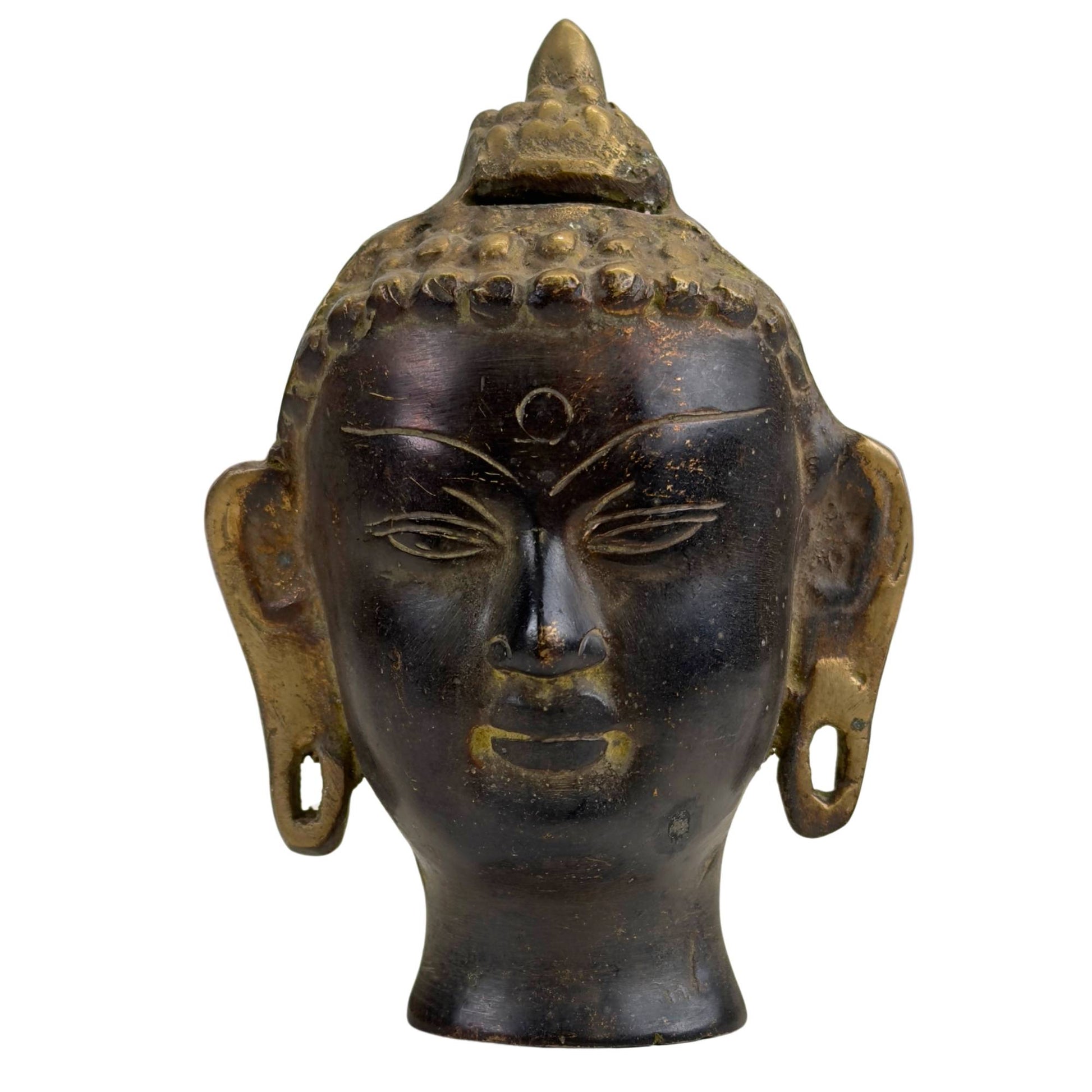 Bronze Buddha head with high ushnisha and dark patina