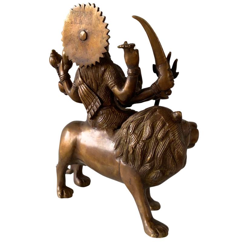bronze Durga statue with lion – traditional Indian religious statue