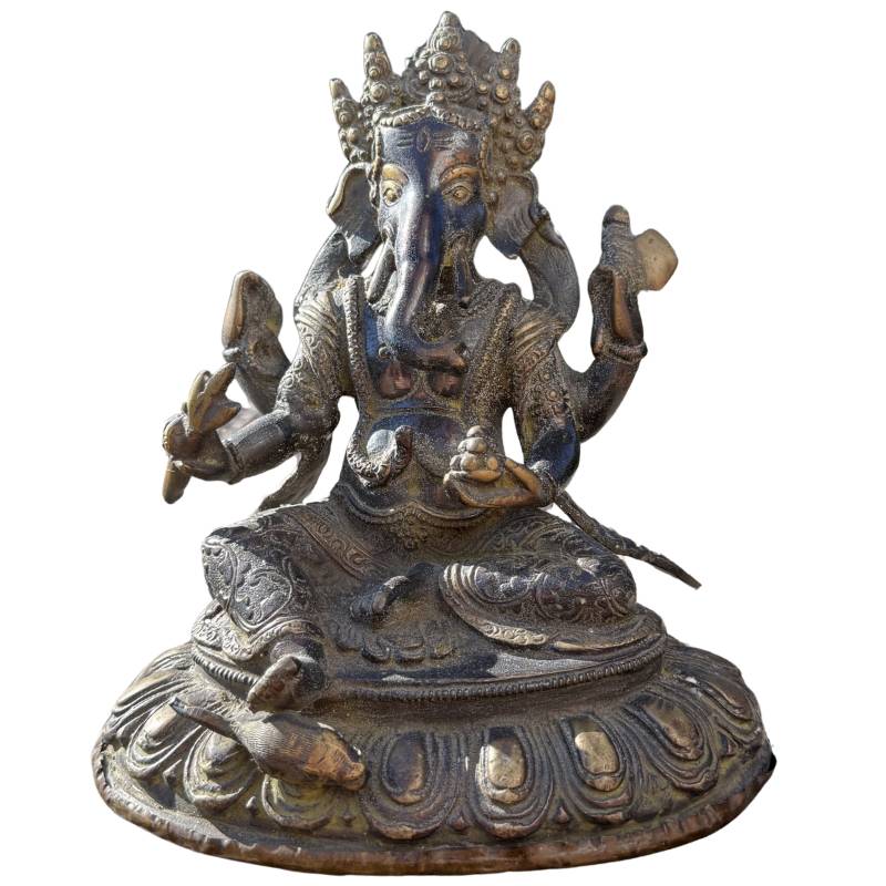 Detailed bronze Ganesha statue, 20 cm high, on a lotus throne, front view.