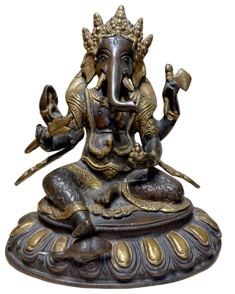 Statue de Ganesh en bronze avec socle en forme de lotus – Style népalais – Bronze massif avec accents dorés – 20,6 cm - Statue de Bouddha Nepalaise
