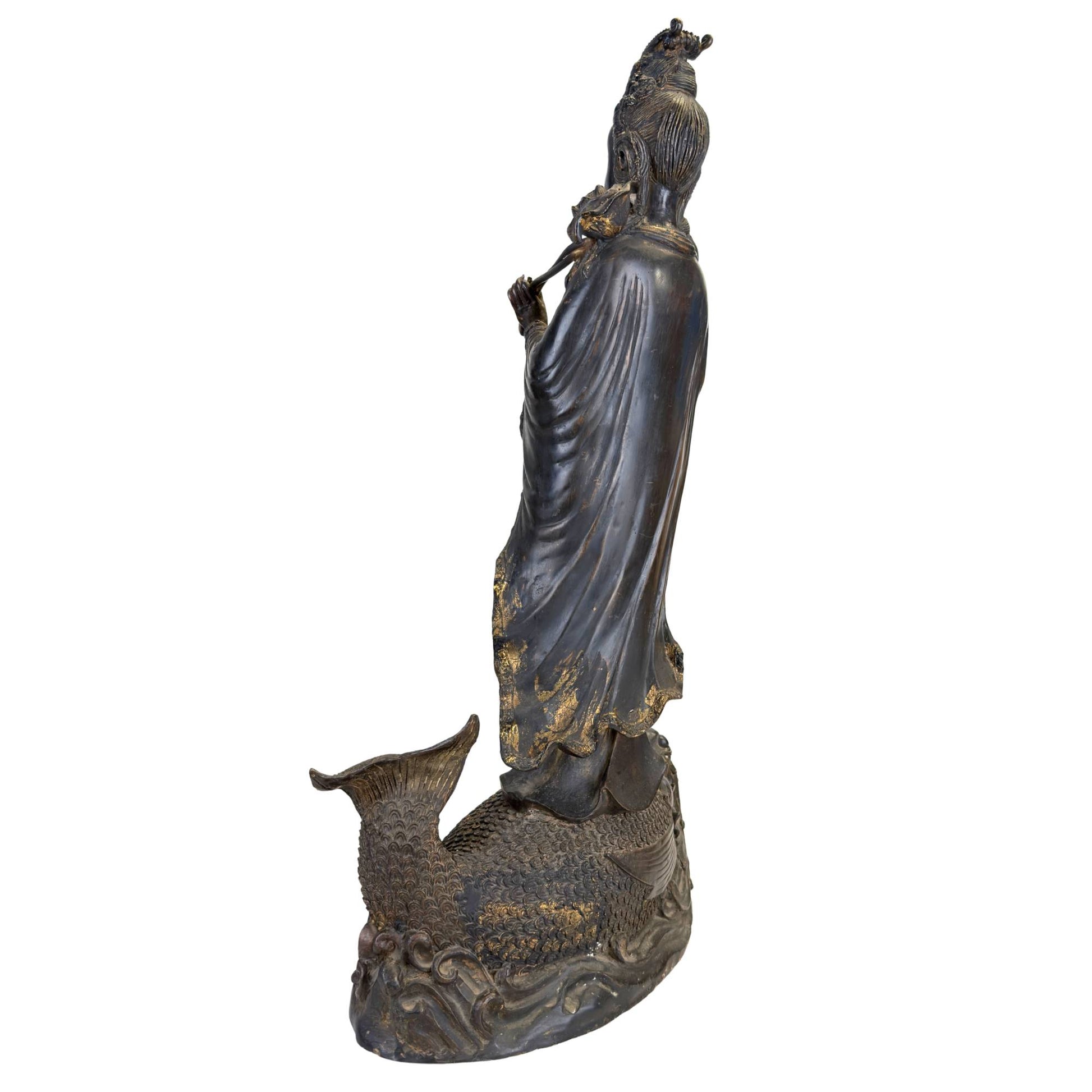 64 cm bronze Guanyin statue on a dragonfish base with a powerful spiritual aura