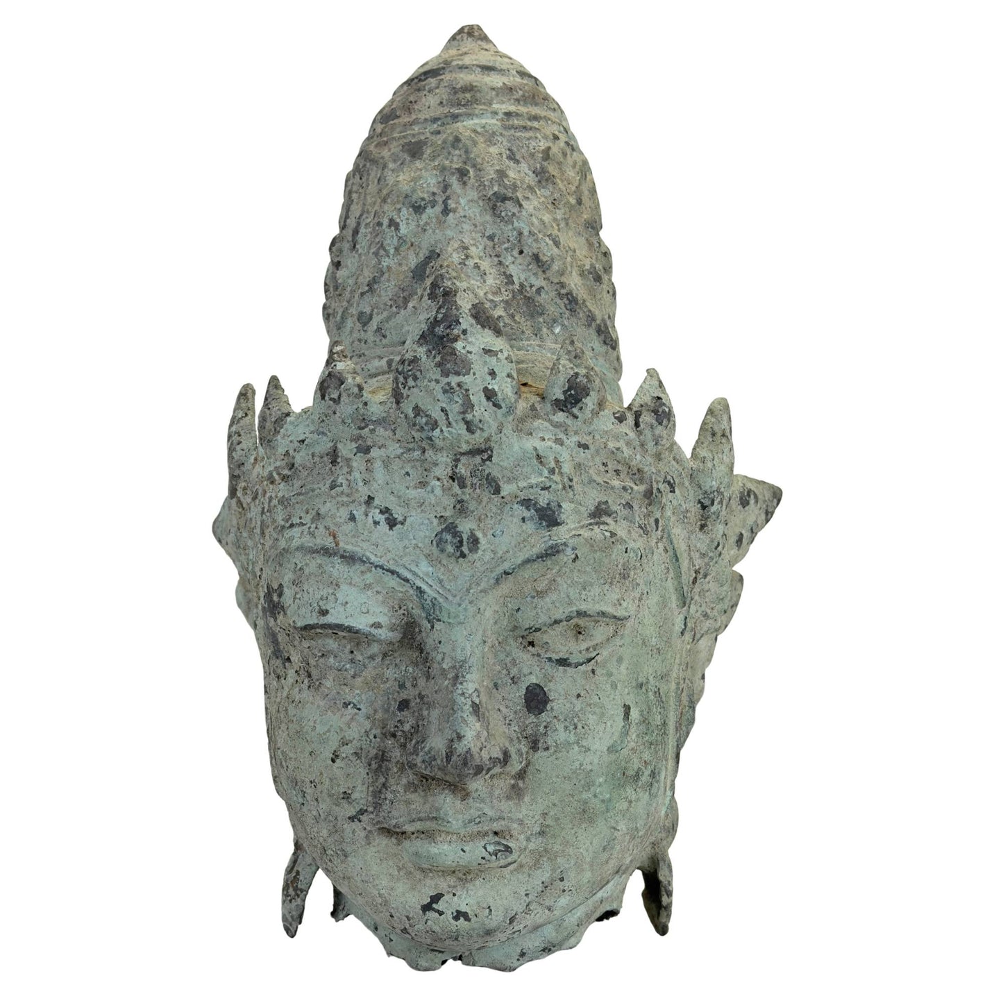 Bronze head of Vishnu from Java in Majapahit tradition with natural verdigris patina