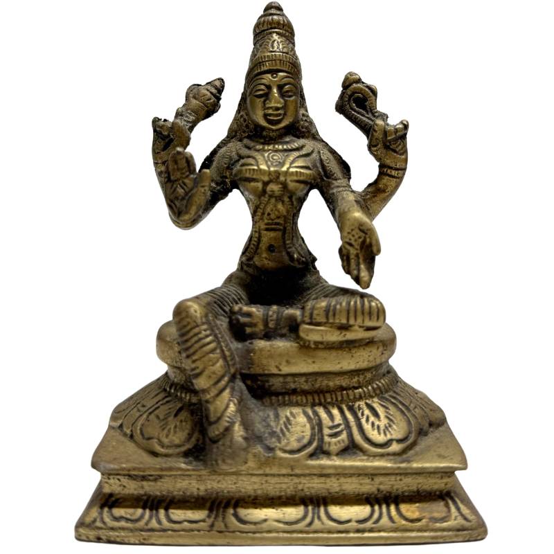 Bronze statue of the Hindu goddess Lakshmi sitting on a lotus throne
