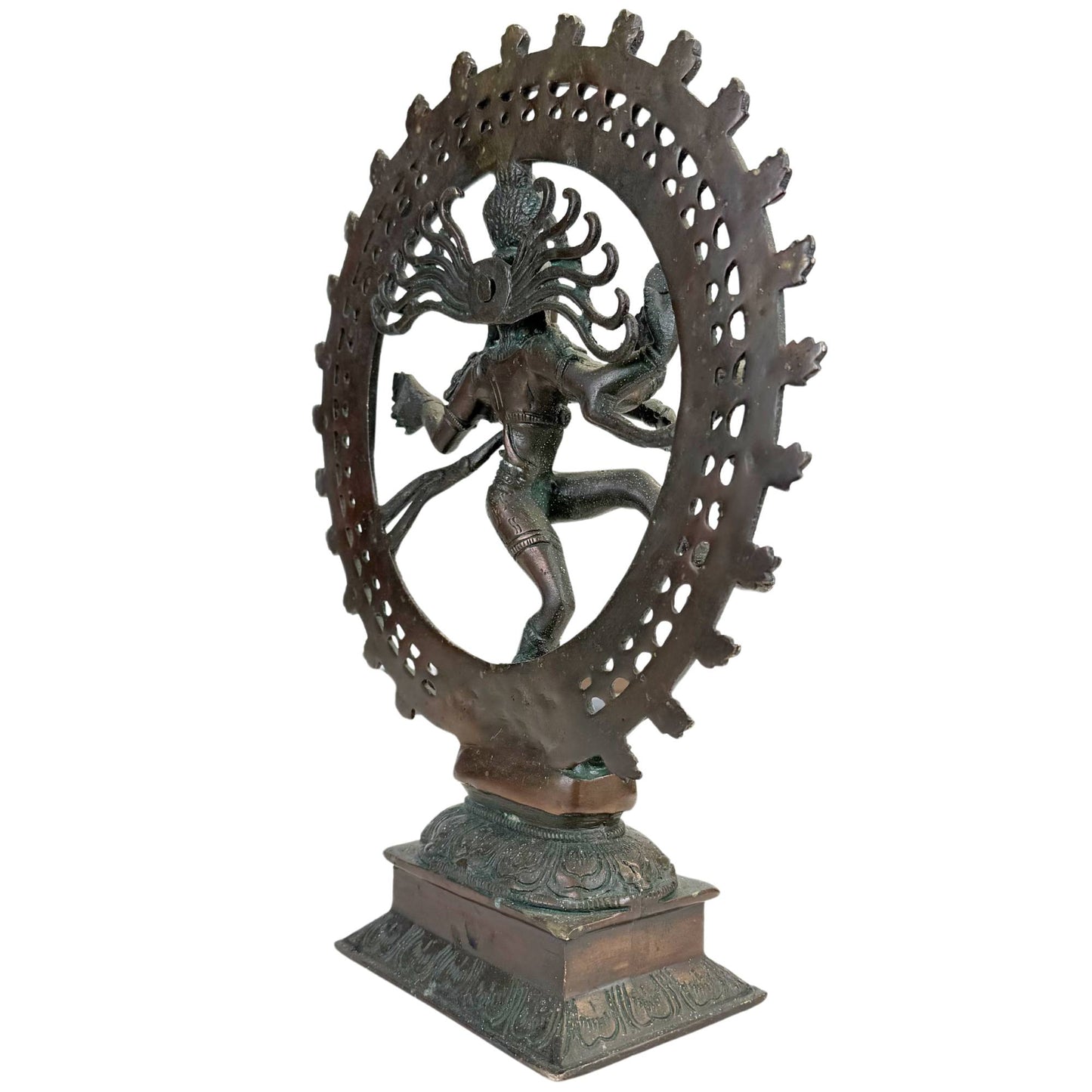 Bronze Nataraja temple sculpture with lotus foot, dynamic dance pose, and richly detailed base