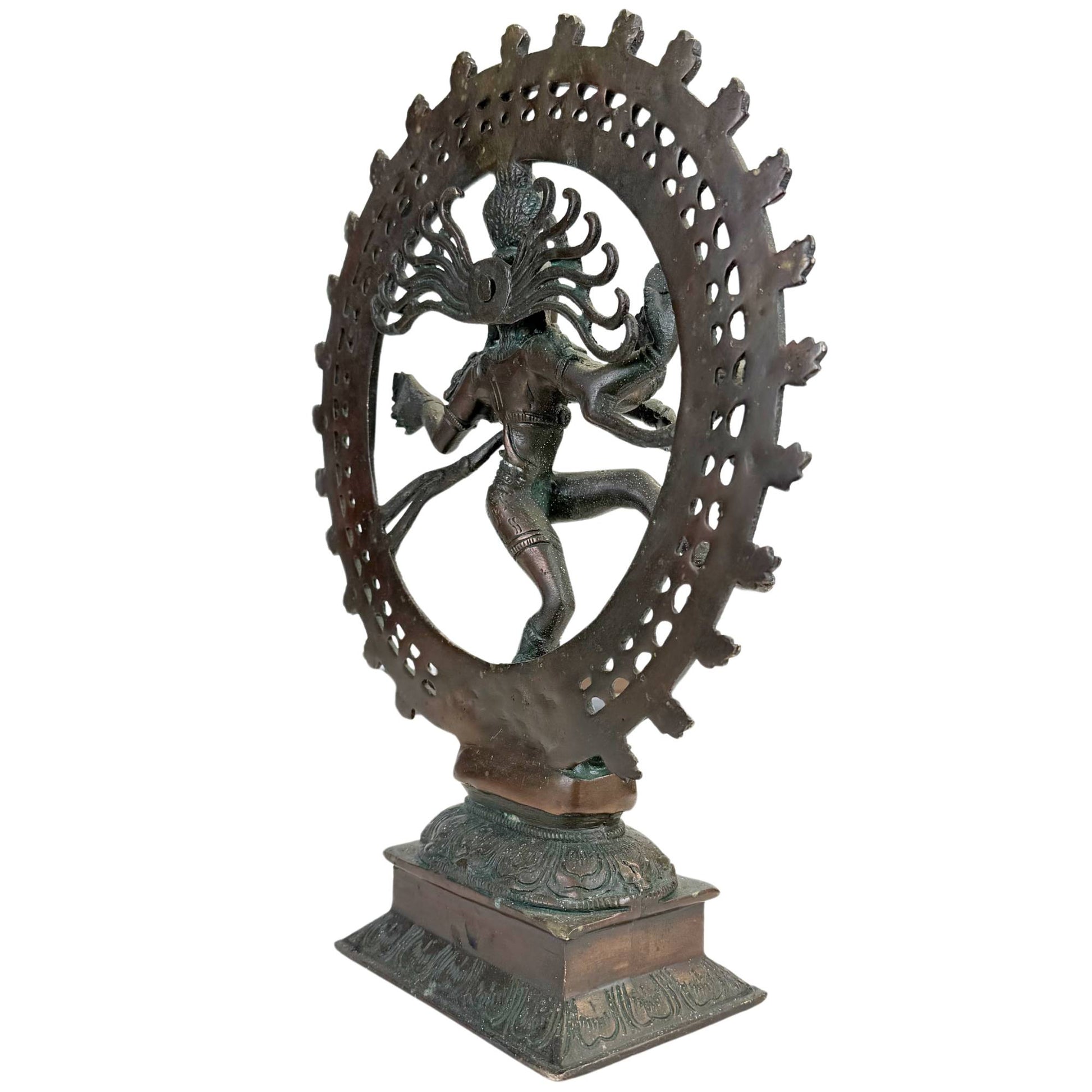 Bronze Nataraja temple sculpture with lotus foot, dynamic dance pose, and richly detailed base