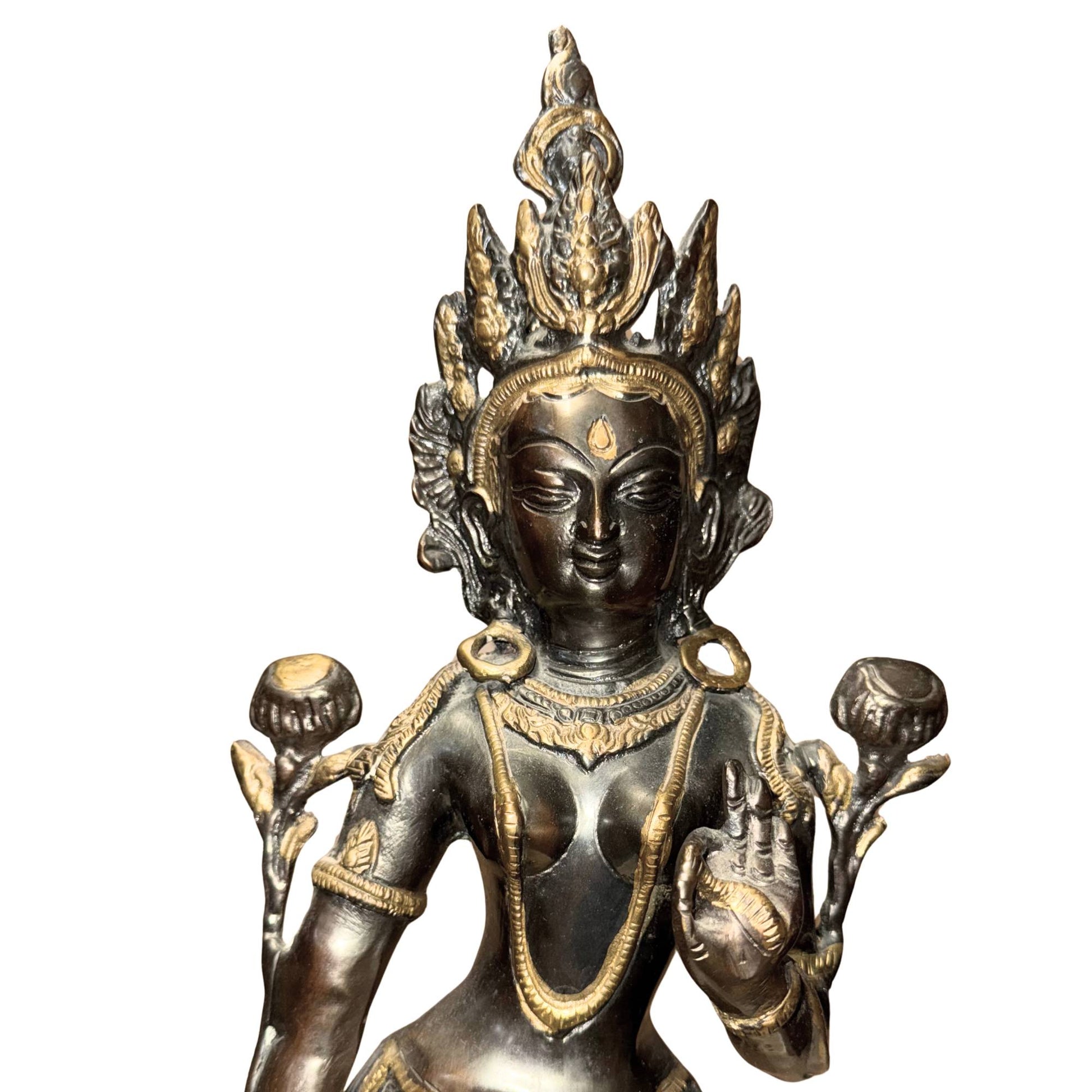 Bronze Tara statue with traditional lost-wax casting and old internal oxidation