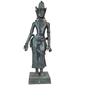 Statue de diva en bronze d'Asie du Sud-Est – Style khmer – Vestiges de dorure d'un ancien temple