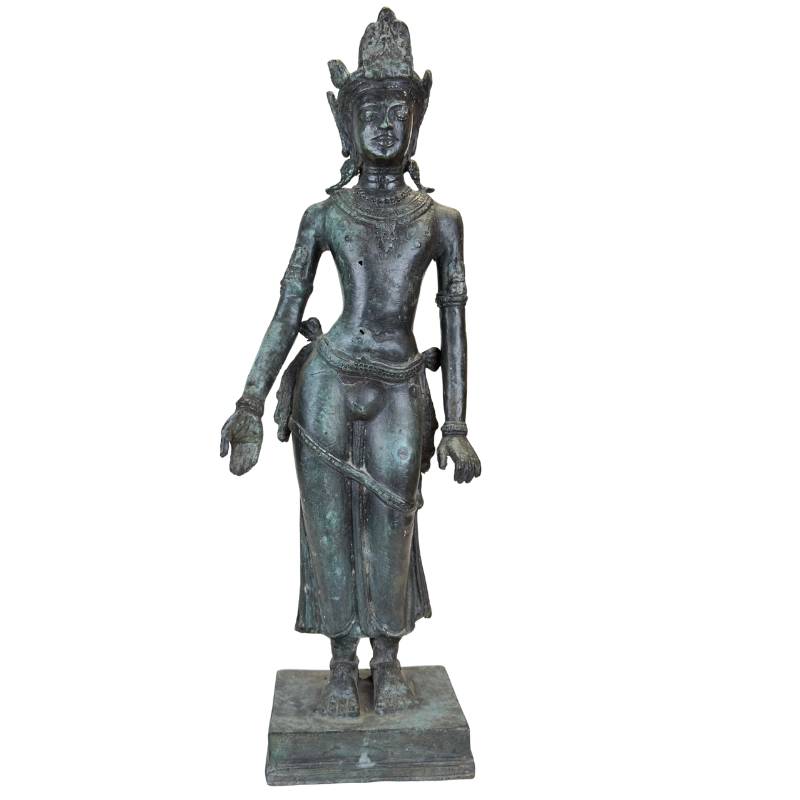 Statue de diva en bronze d'Asie du Sud-Est – Style khmer – Vestiges de dorure d'un ancien temple