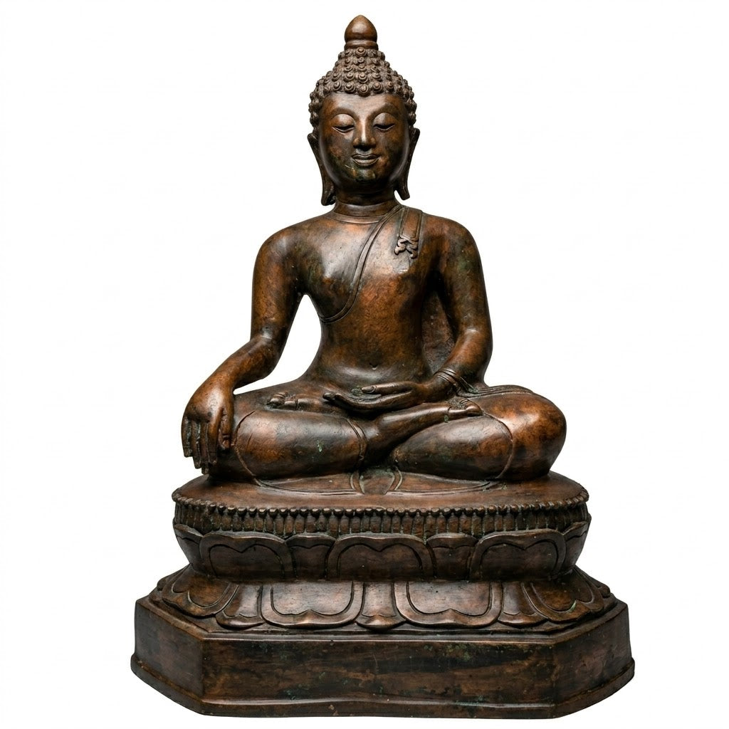 Front view of a large bronze Thai Buddha statue in Bhumisparsha mudra.