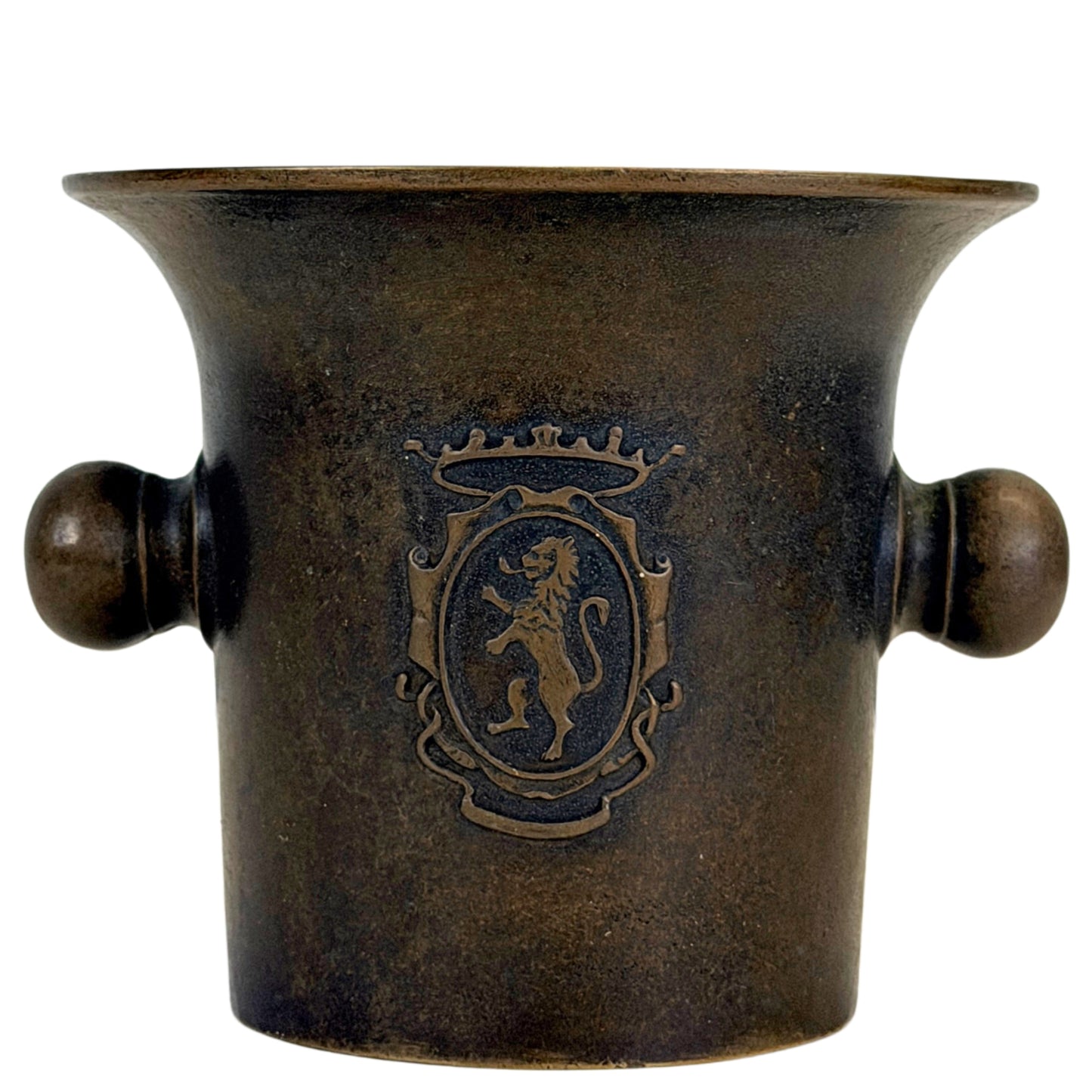 Antique bronze mortar with a crowned heraldic lion coat of arms