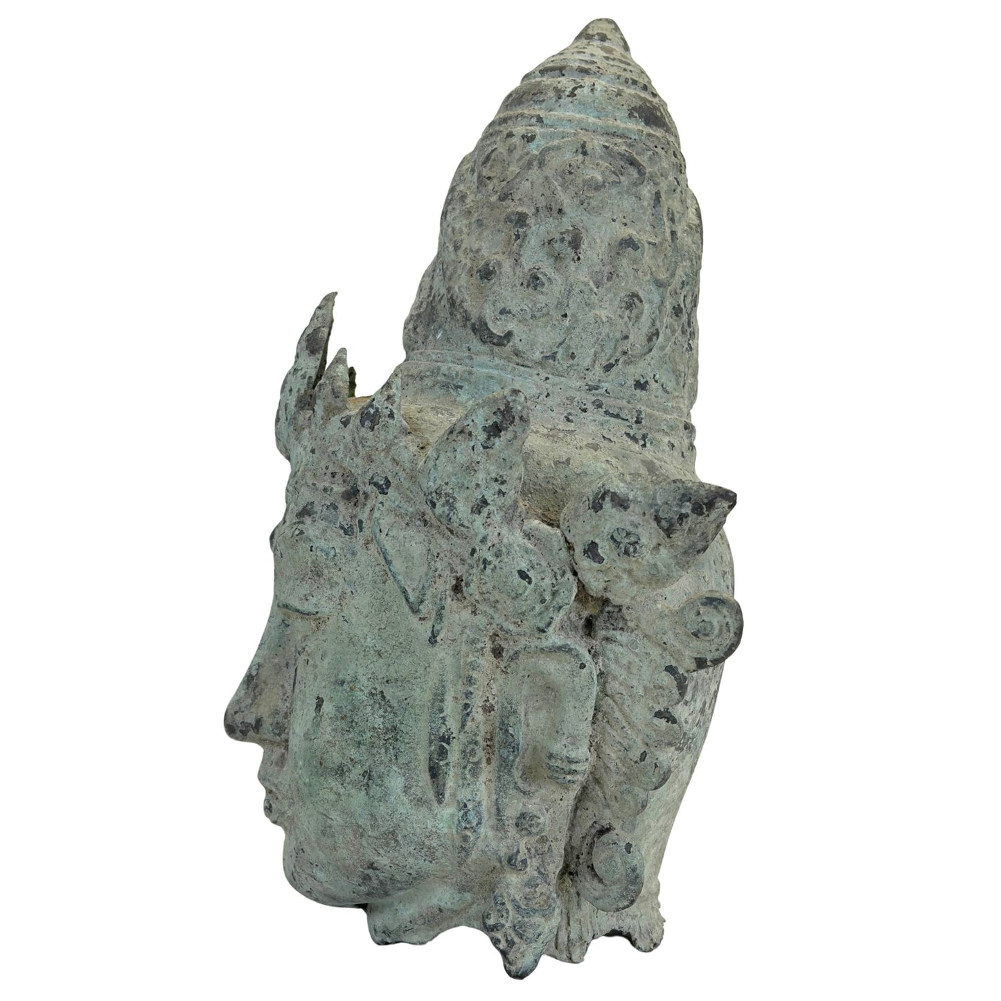 Bronze Vishnu head with old corrosion and mineral deposits