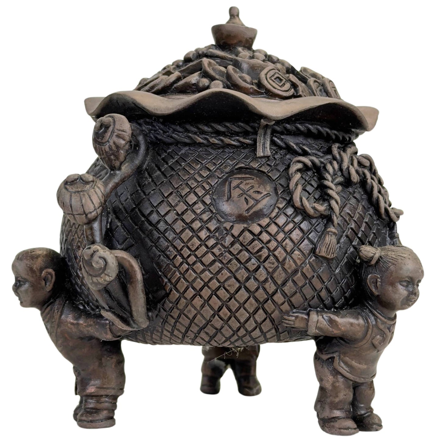 Bronze wealth pot with braided structure and Feng Shui symbolism