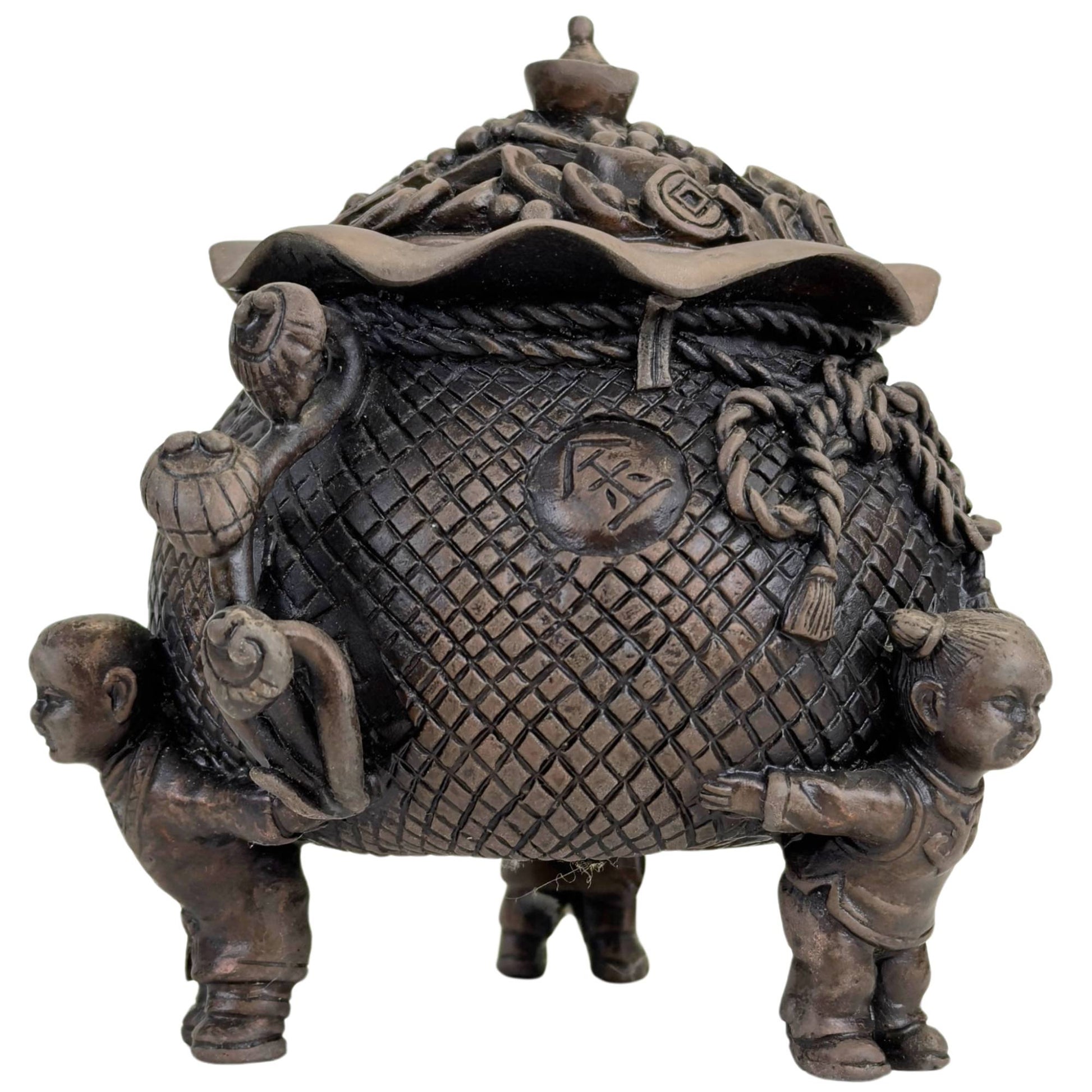 Bronze wealth pot with braided structure and Feng Shui symbolism