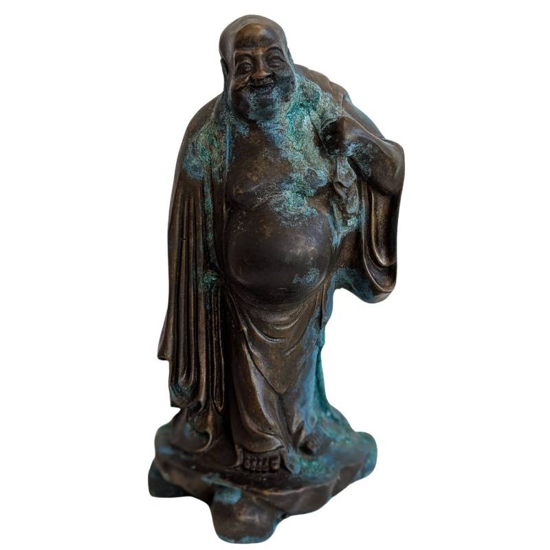 Chinese bronze Budai statue with a smiling expression and deep patina