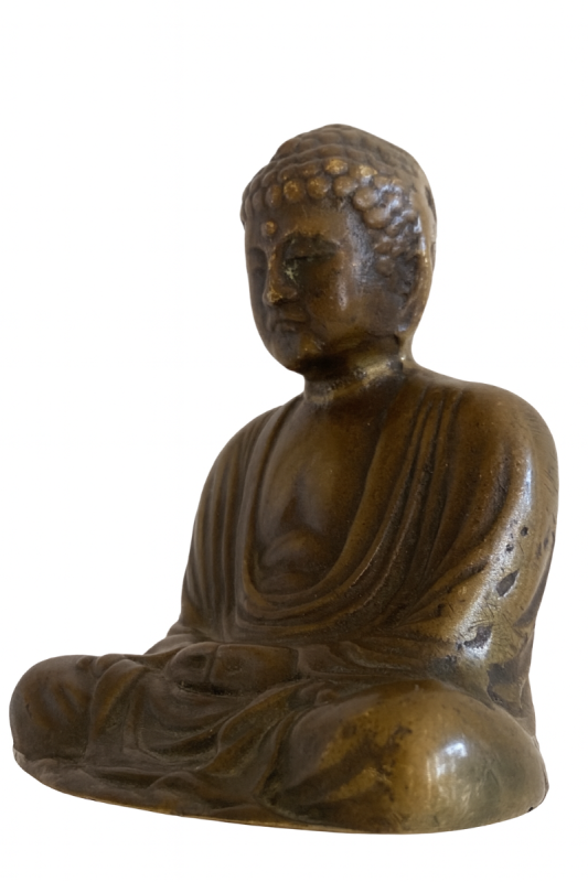 Antique Japanese bronze Buddha statue with a weathered patina