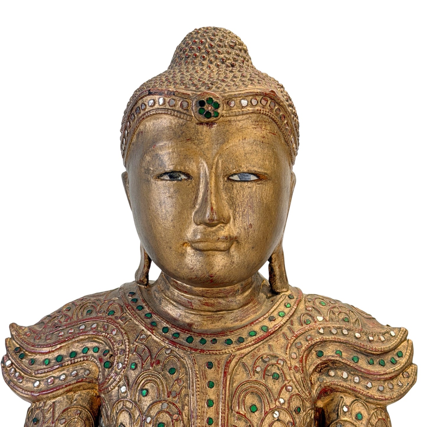 Detail of the inlaid eyes and face of the Burmese Jambupati Buddha, SKU 738
