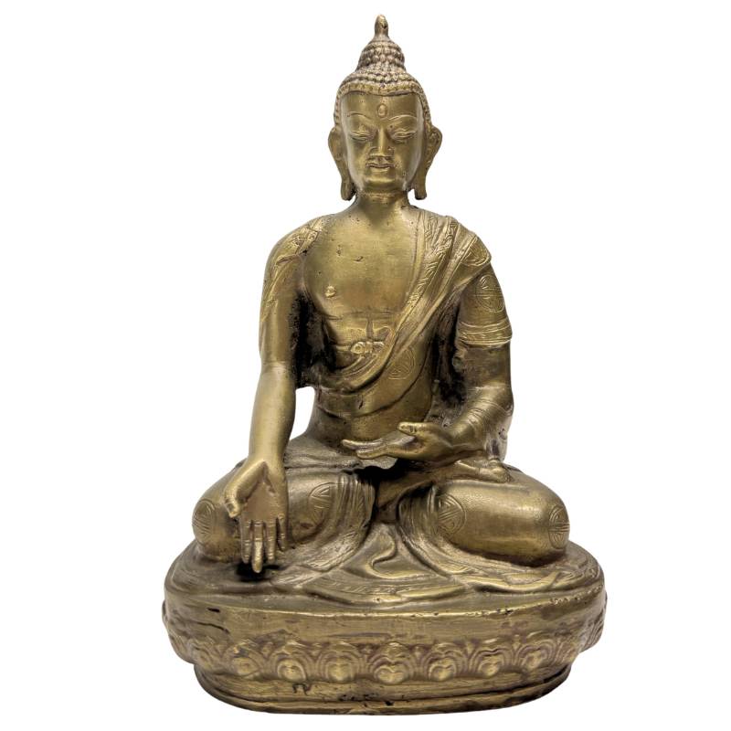 Chinese bronze Buddha statue from the Qing period with shou symbols on the robe