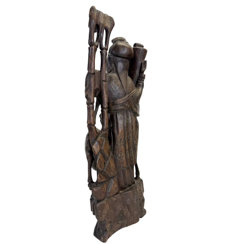 Large Chinese wooden statue (43 cm) of an immortal figure with a fawn.
