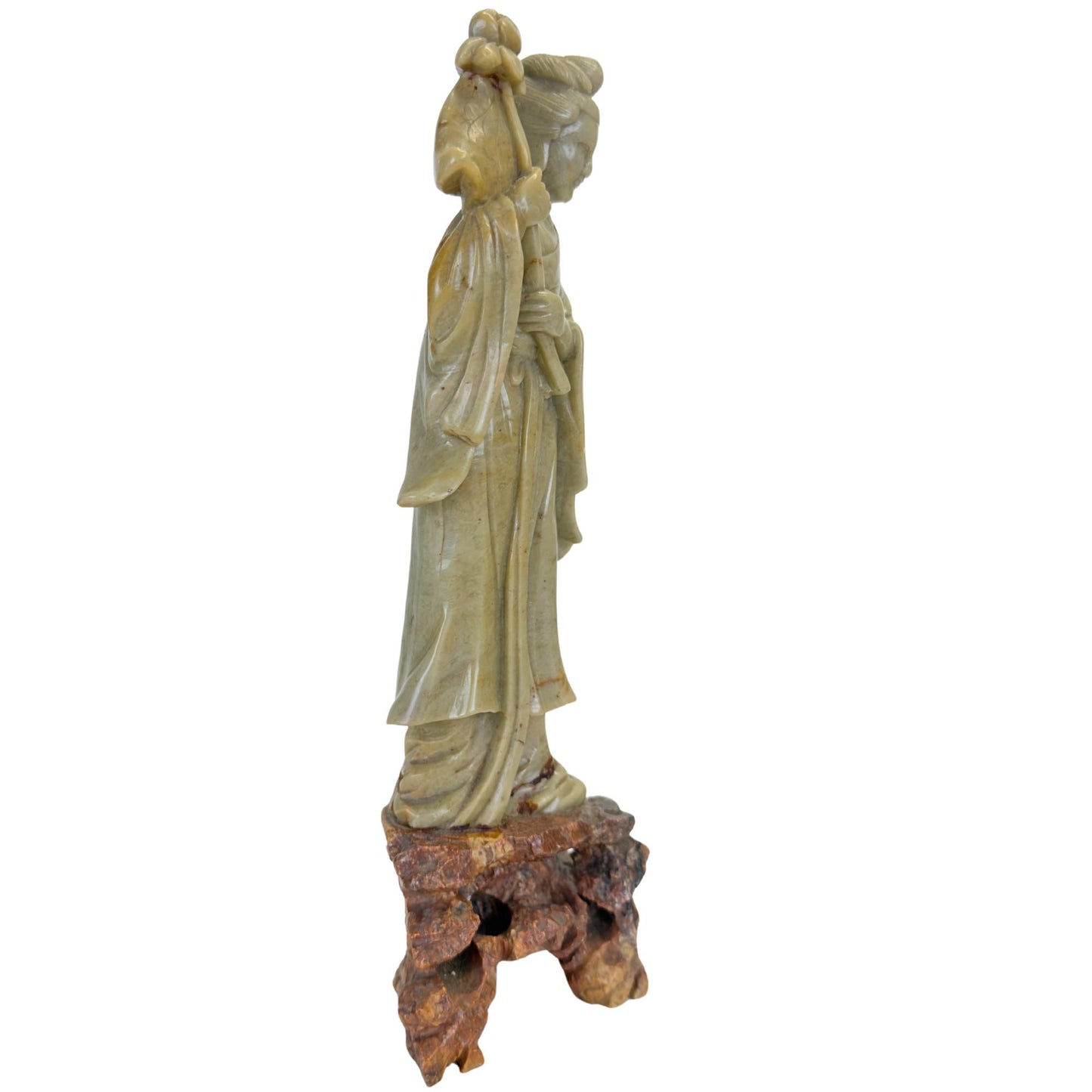 Hand-carved Chinese soapstone statue of the immortal He Xiangu with a lotus flower.