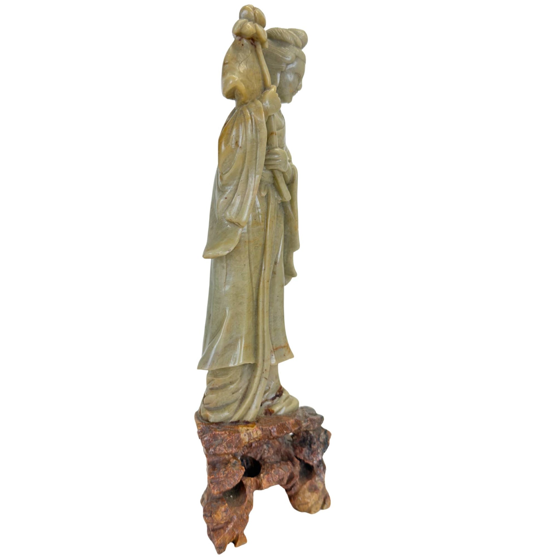 Hand-carved Chinese soapstone statue of the immortal He Xiangu with a lotus flower.
