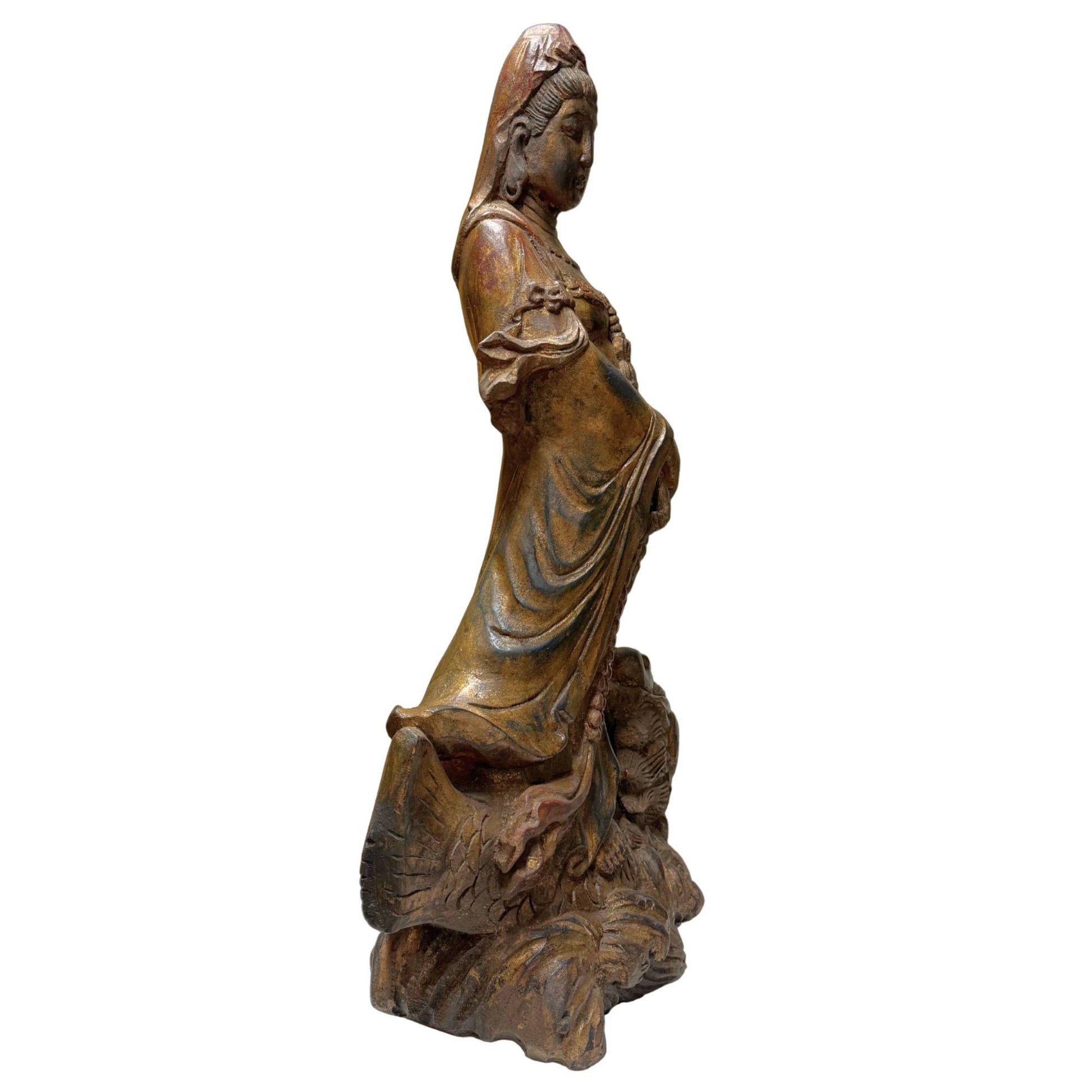 Chinese wooden temple statue Kwanyin bodhisattva dragon antique