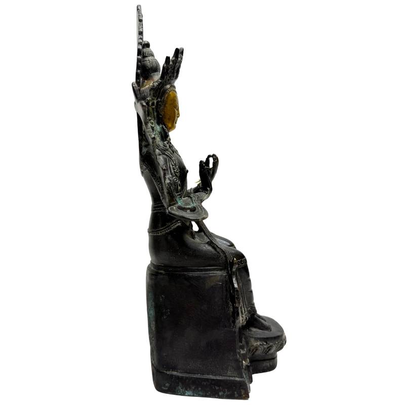 Chinese bodhisattva in bronze with natural patina and traces of ritual use
