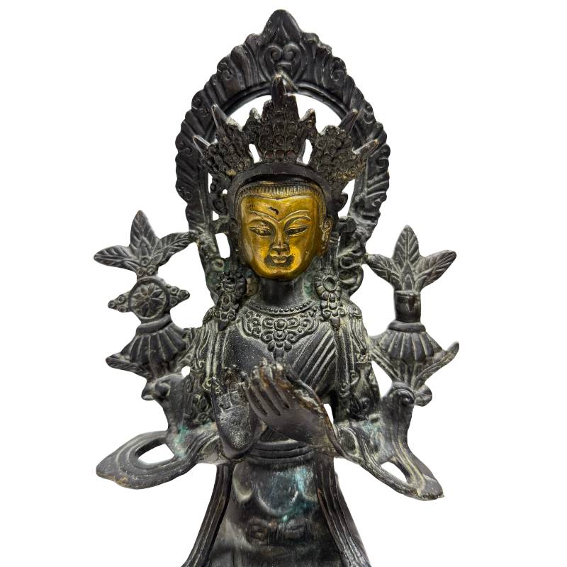 Chinese bodhisattva statue in bronze with natural patina