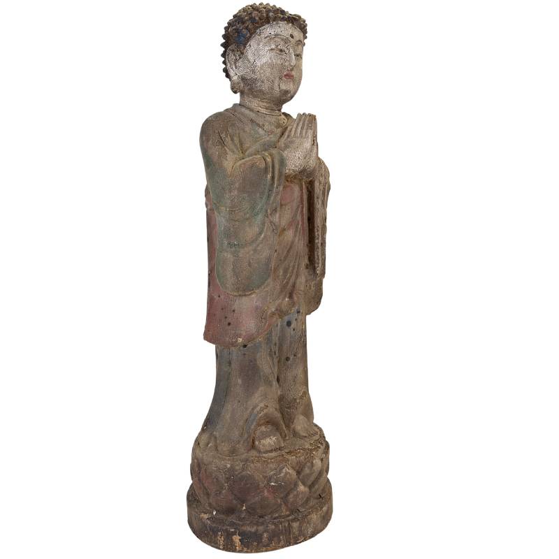 Chinese wooden Buddha statue in a prayer posture with old polychromy