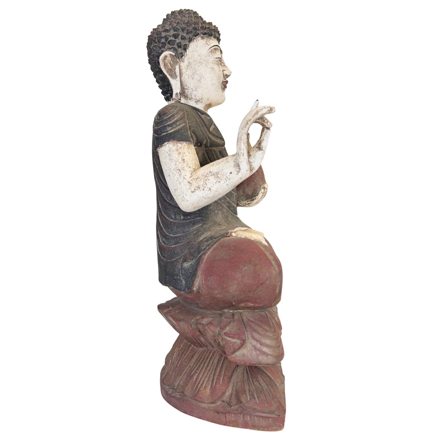 Hand-painted Chinese Bhaisajyaguru Medicine Buddha made of wood with a serene facial expression and red and black details