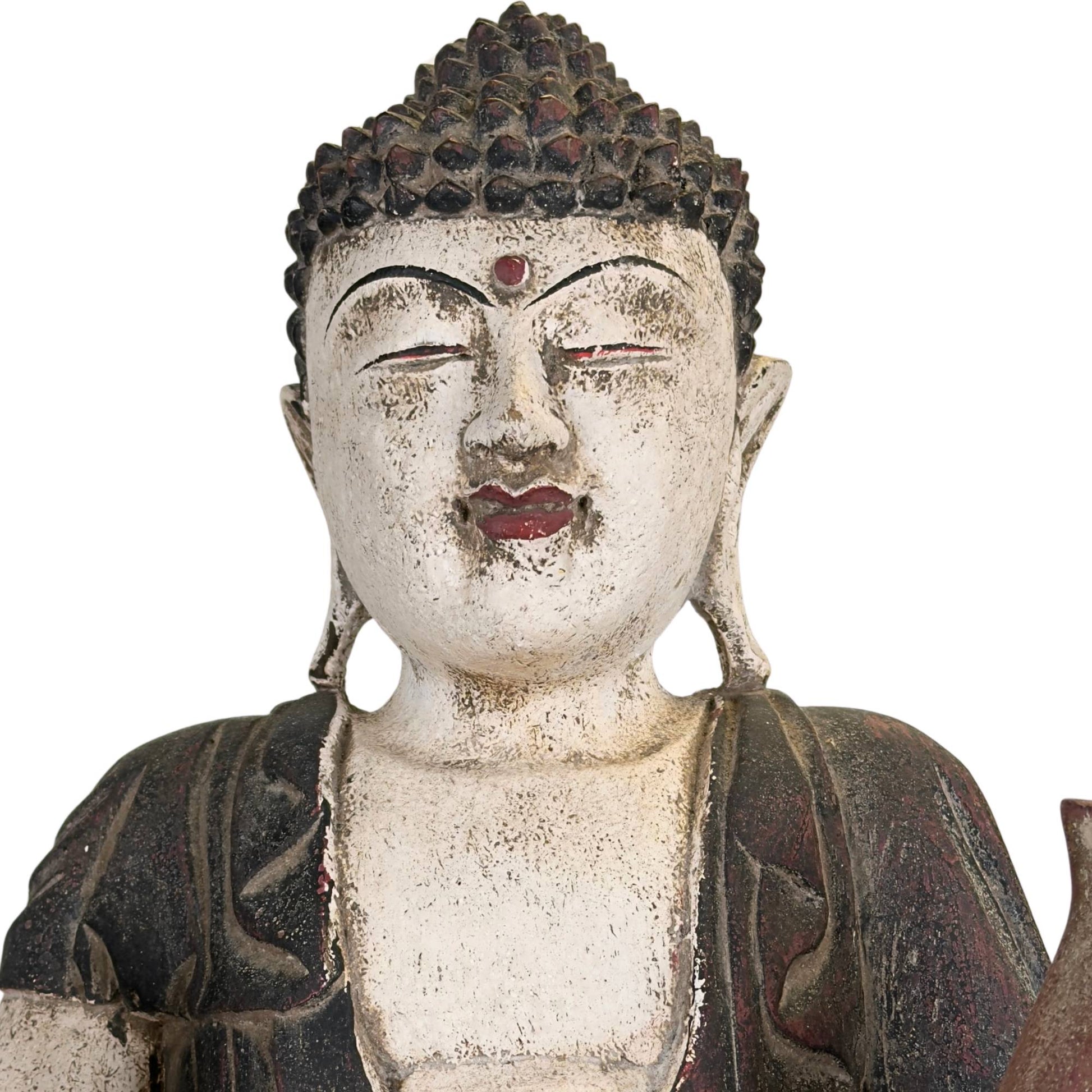 Chinese Buddha sculpture made of wood with healing symbolism, lotus throne, and powerful, calming aura.