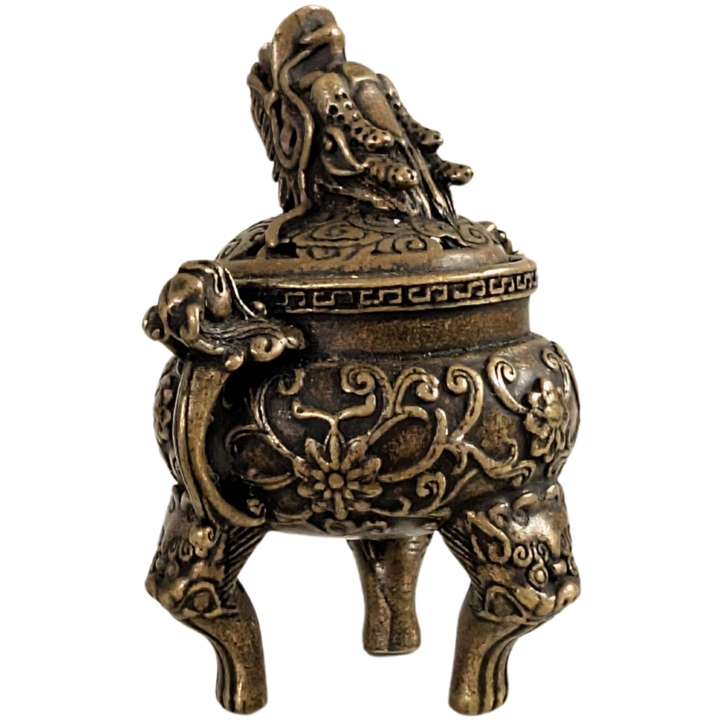 Front view of a 6 cm high bronze incense burner with a dragon lid.