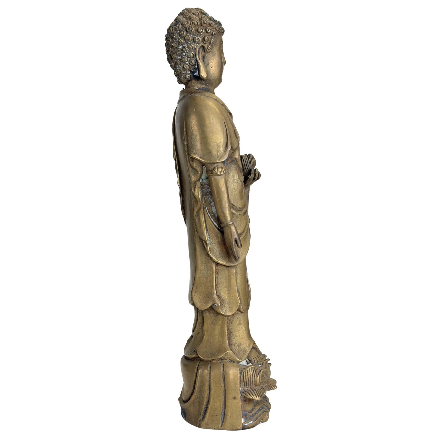 Chinese bronze Buddha with lotus bud and flowing robe, antique Buddhist art object