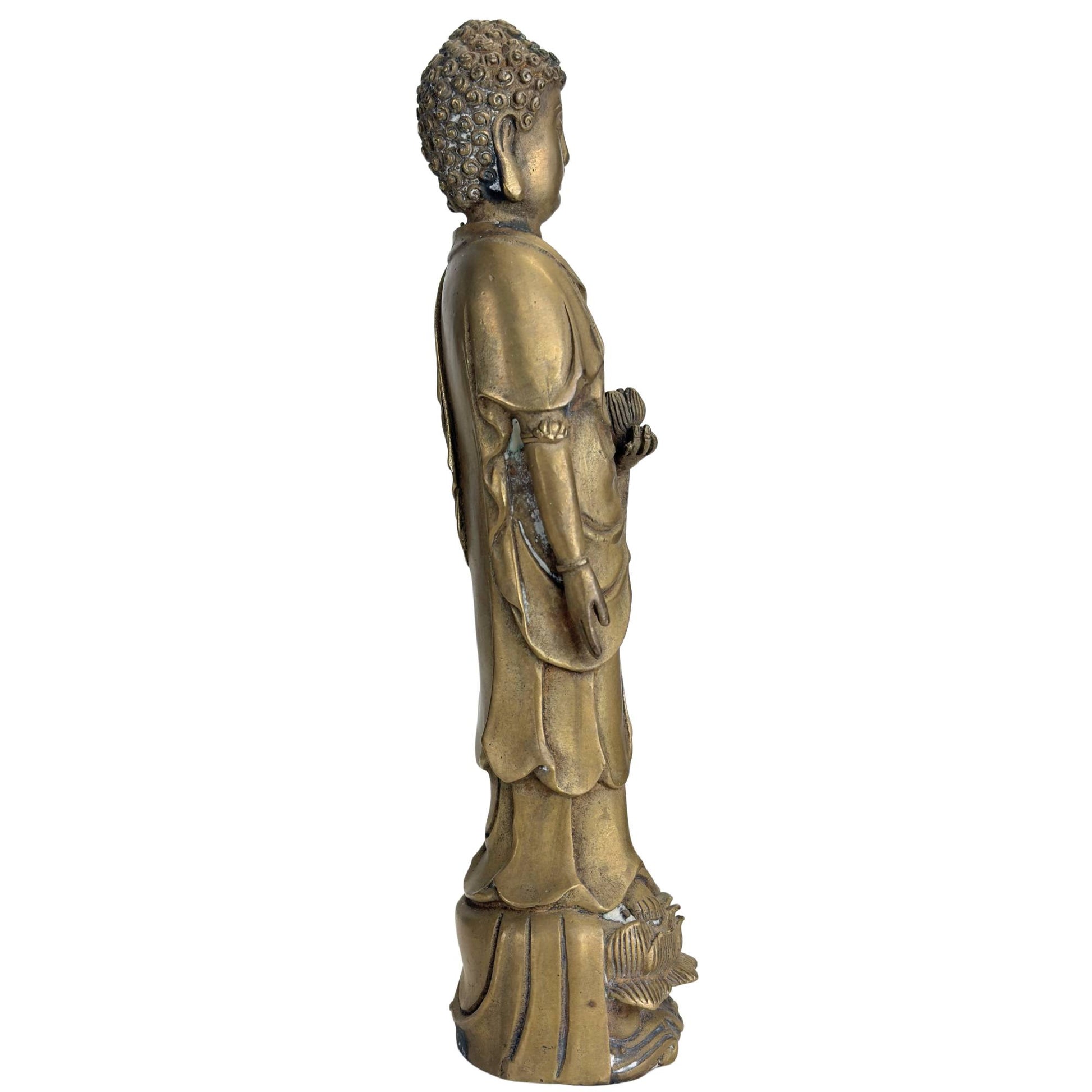 Chinese bronze Buddha with lotus bud and flowing robe, antique Buddhist art object
