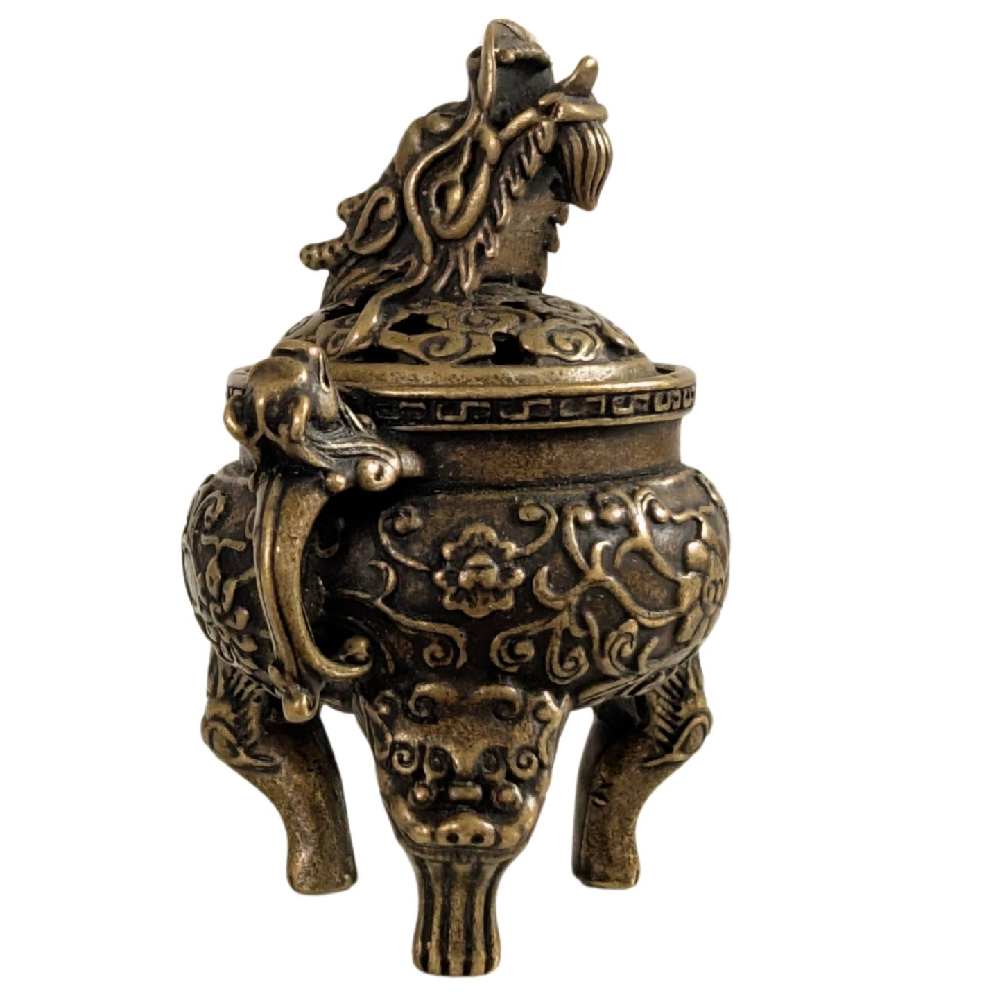 Small bronze tripod censer with openwork lid and traditional motifs.