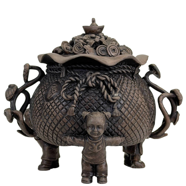 Chinese Bronze Incense Burner with Children and Symbols of Good Luck *Lucky Pot