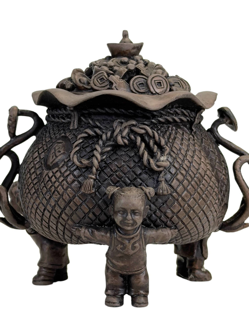 Brûleur d'encens chinois en bronze orné d'enfants et de symboles de chance *Pot porte-bonheur