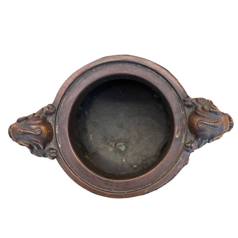 Chinese bronze incense burner with animal head handles

