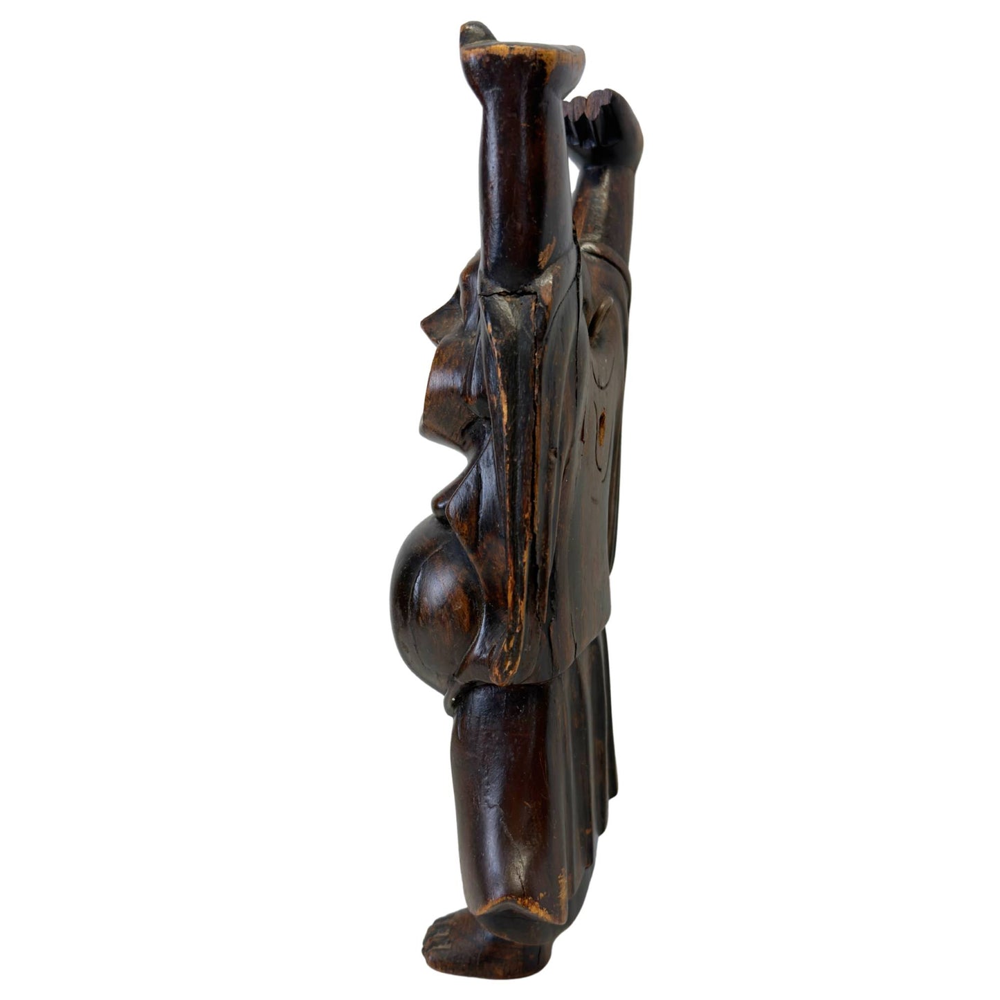 Chinese Budai as a wooden good luck statue for prosperity, abundance, and positive energy