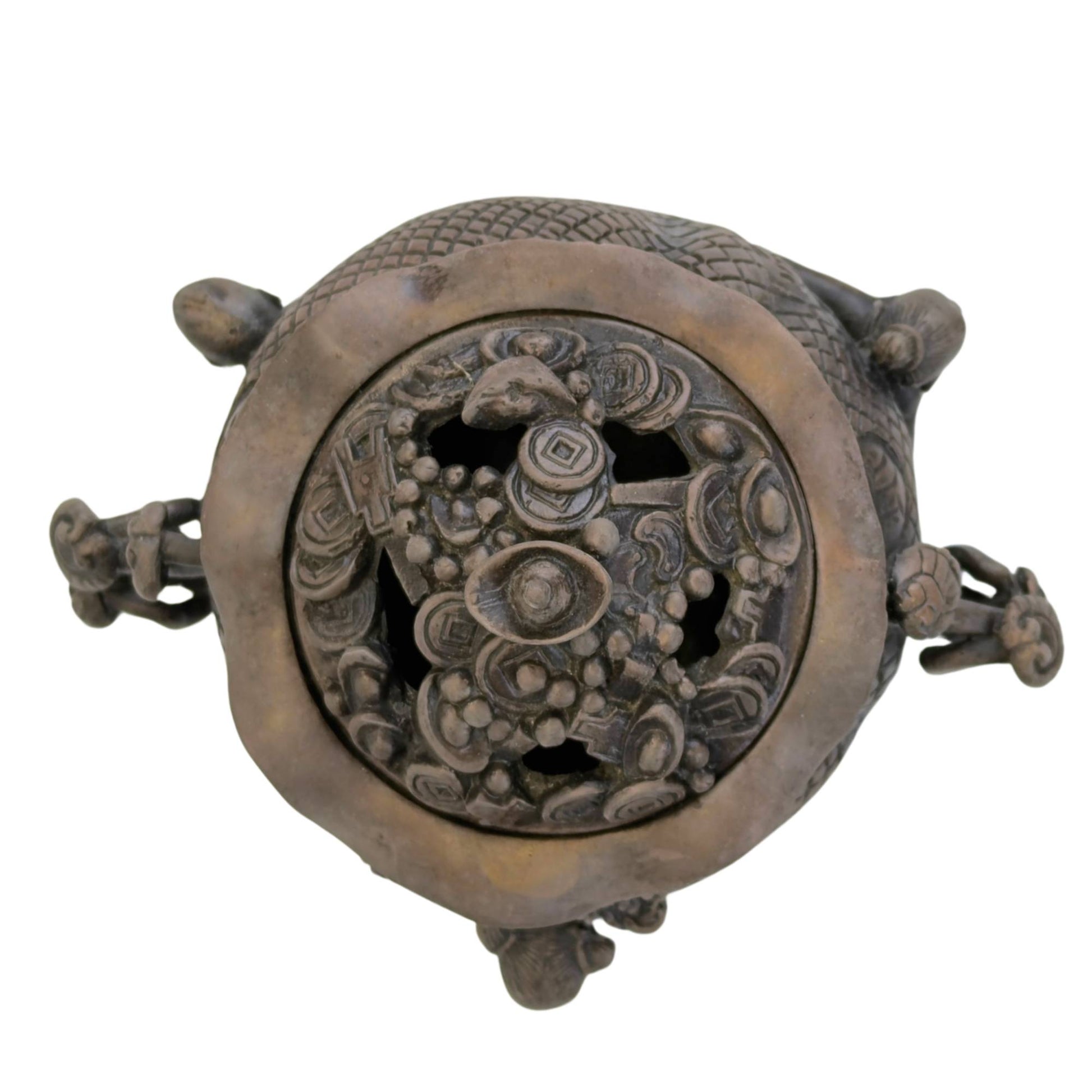 Top view of Chinese lucky pot with openwork lid