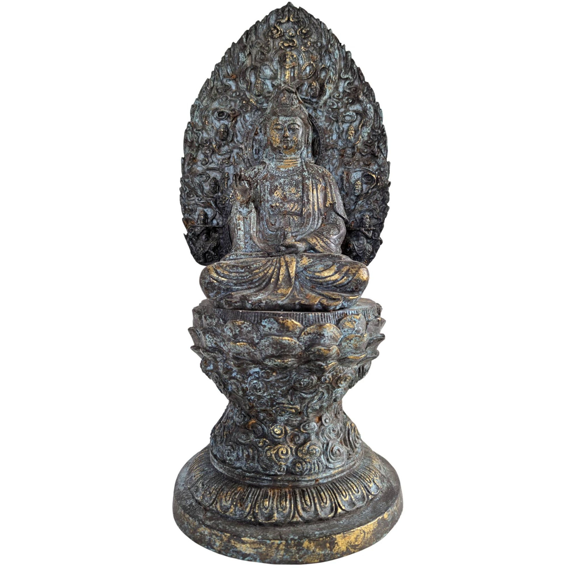 Front view of a 36.5 cm high bronze Guanyin statue on a richly decorated lotus base.